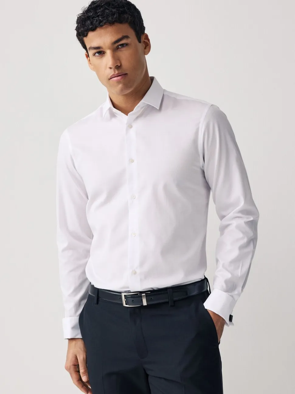 White Regular Fit Double Cuff Easy Care Textured Smart Shirt