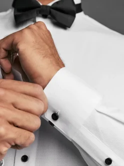 White Regular Fit Slim Fit Single Cuff Shirt With Wing Collar And Bow Tie Pack