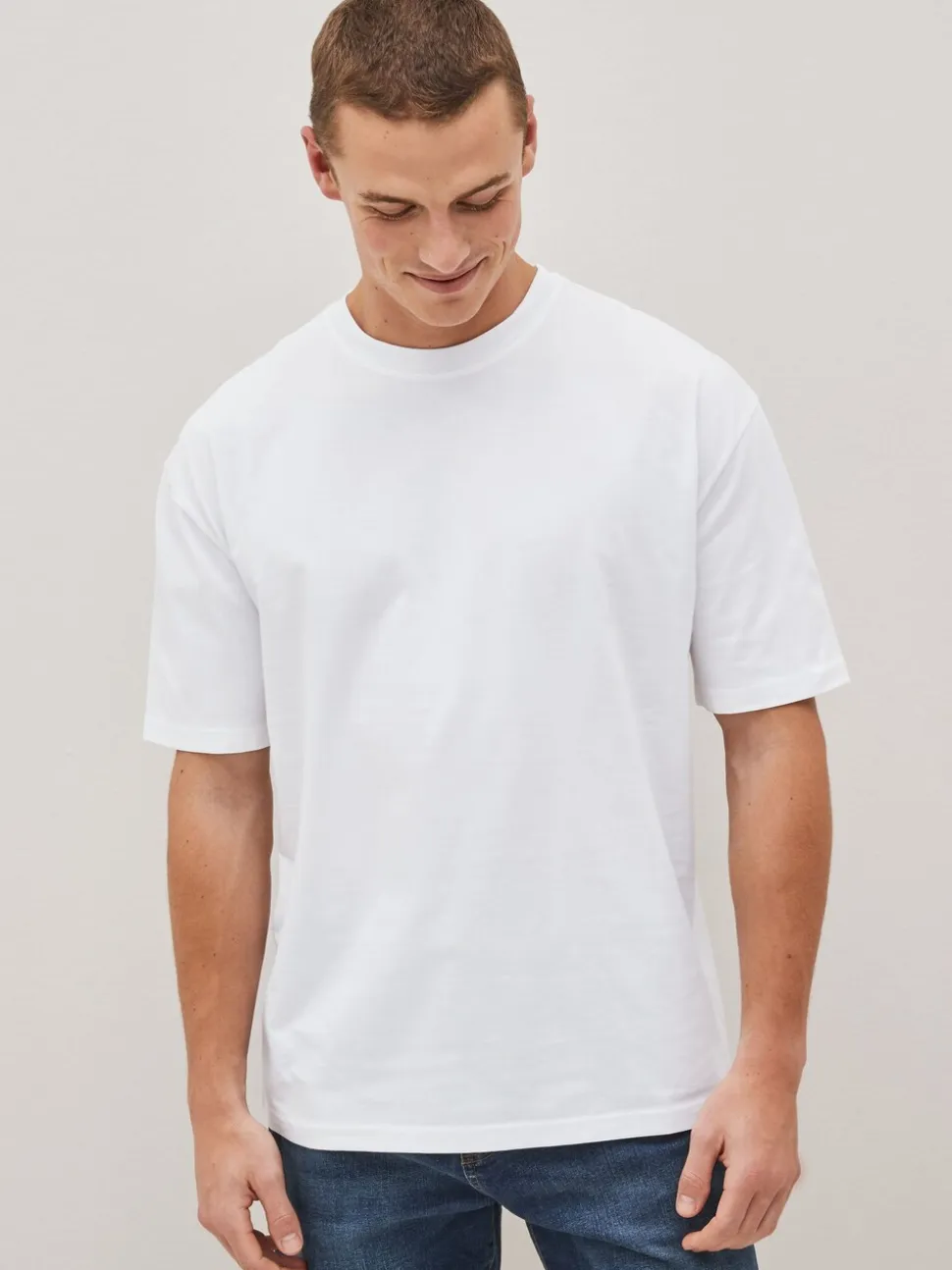 White Relaxed Fit Essential Crew Neck Cotton T-Shirt