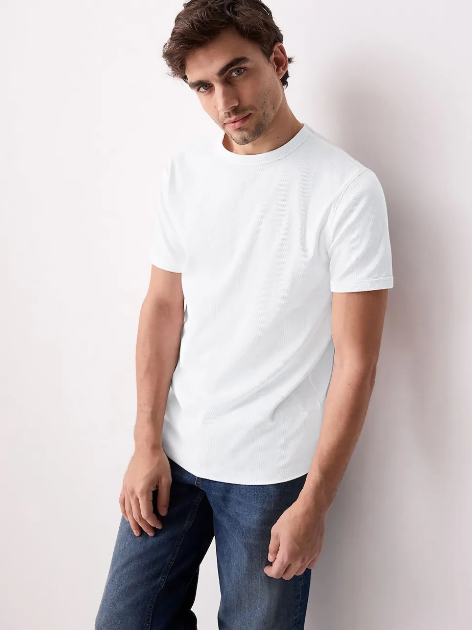 White Ribbed Short Sleeve Crew T-Shirt