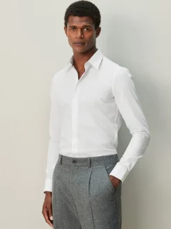 White Skinny Fit Textured Long Sleeve Formal Shirt with Trim