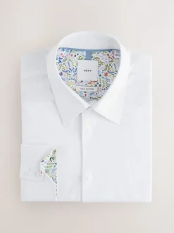 White Skinny Fit Textured Long Sleeve Formal Shirt with Trim
