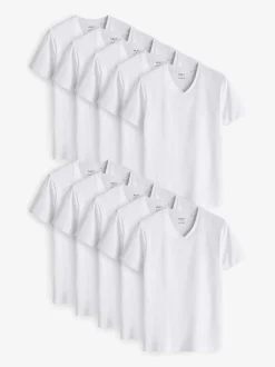 White Slim Fit 100% Cotton V-Neck Layering T-Shirts 10 Pack