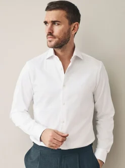 White Slim Fit 100% Pima Cotton Sateen Finish Long Sleeve Signature Shirt