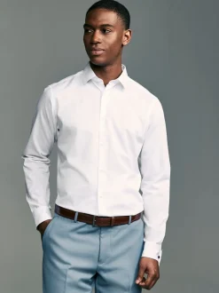 White Slim Fit Double Cuff Easy Care Textured Smart Shirt