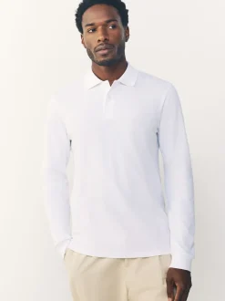 White Slim Fit Long Sleeve Pique Polo Shirt
