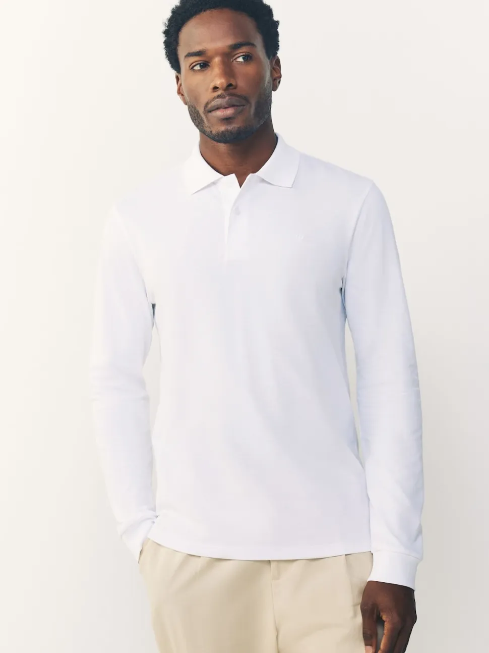 White Slim Fit Long Sleeve Pique Polo Shirt