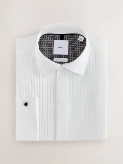 White Slim Fit Occasion Pleated Bib Double Cuff Dress Shirt