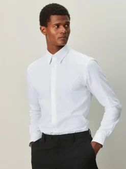 White Slim Fit Textured Long Sleeve Formal Shirt with Trim