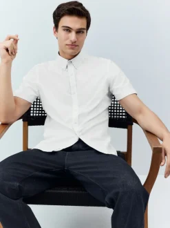 White Stretch Oxford Short Sleeve Shirt