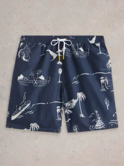 White Stuff Blue Map Print Volley Swim Shorts