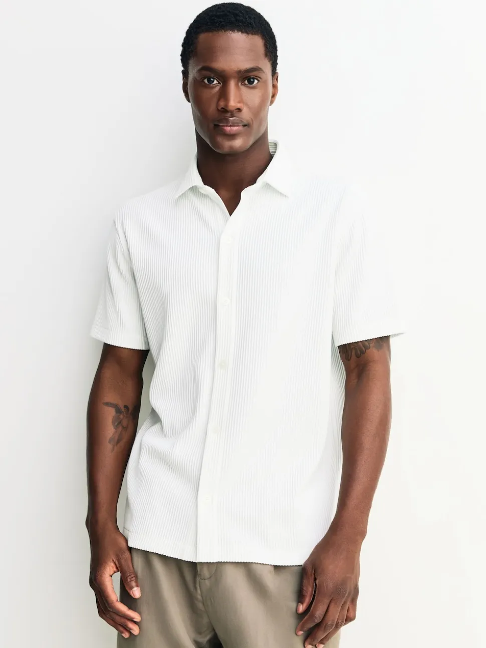 White Textured Jersey Short Sleeve Shirt
