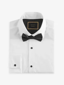White Textured/Black Bow Tie Regular Fit Regular Fit Double Cuff Shirt And Bow Tie Pack