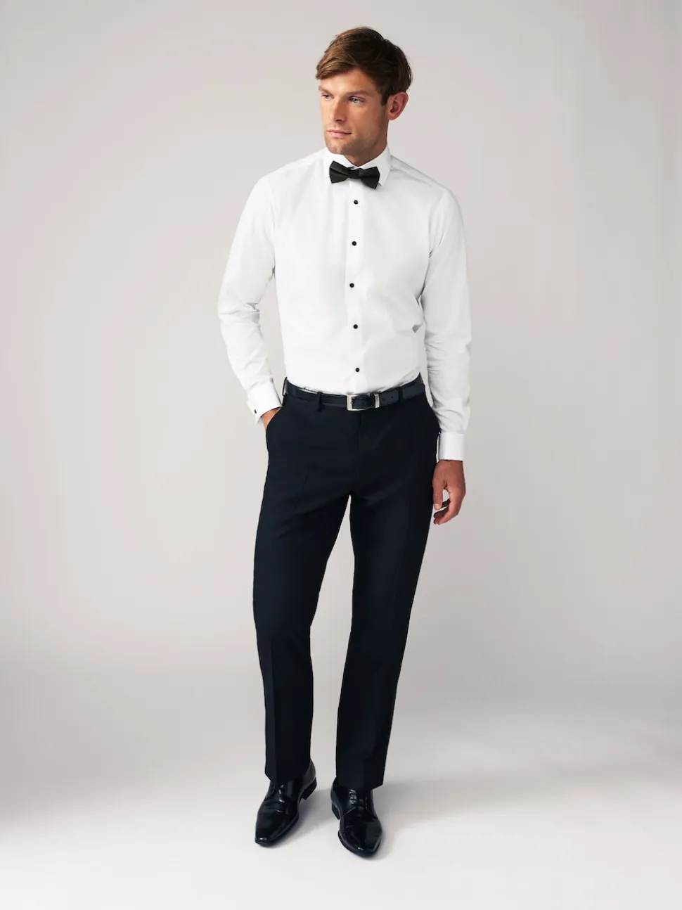 White Textured/Black Bow Tie Slim Fit Single Cuff Shirt And Bow Tie Pack