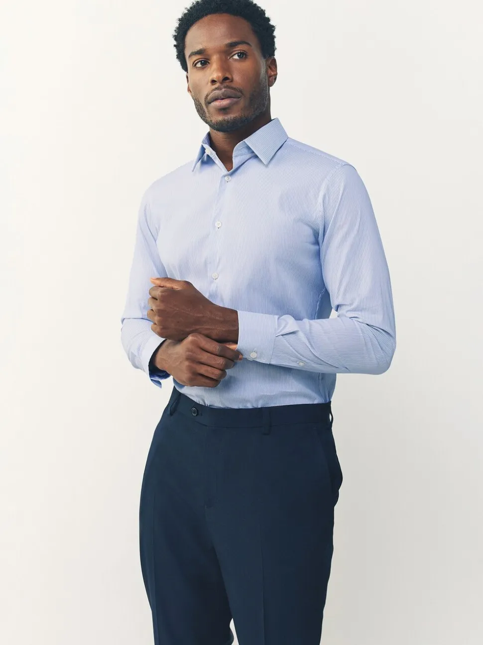 White/Blue Fine Stripe Muscle Fit Motionflex Textured Shirt