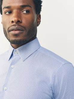 White/Blue Fine Stripe Muscle Fit Motionflex Textured Shirt