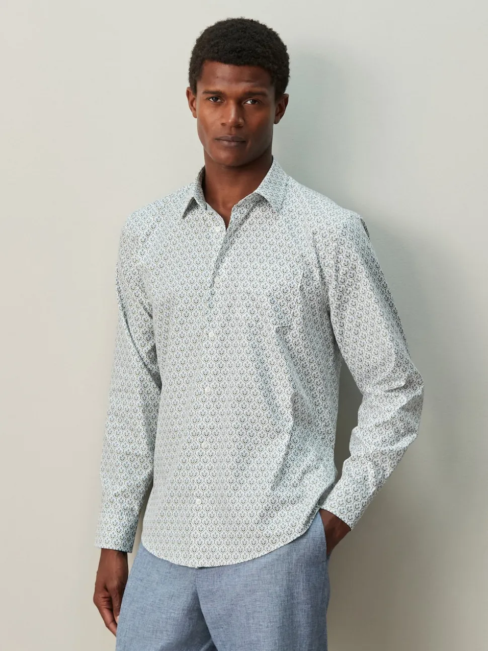 White/Blue Floral Trellis Regular Fit Long Sleeve Print Shirt
