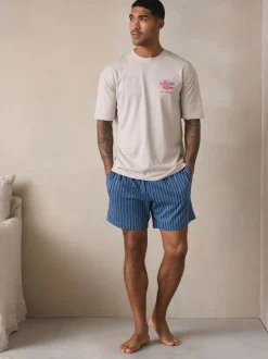 White/Blue Graphic Short Sleeve Jersey Pyjamas Set