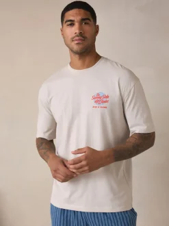 White/Blue Graphic Short Sleeve Jersey Pyjamas Set
