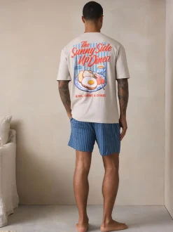 White/Blue Graphic Short Sleeve Jersey Pyjamas Set