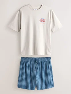 White/Blue Graphic Short Sleeve Jersey Pyjamas Set