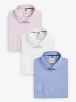 White/Blue Slim Fit Easy Care Textured Single Cuff Smart Shirts 3 Pack