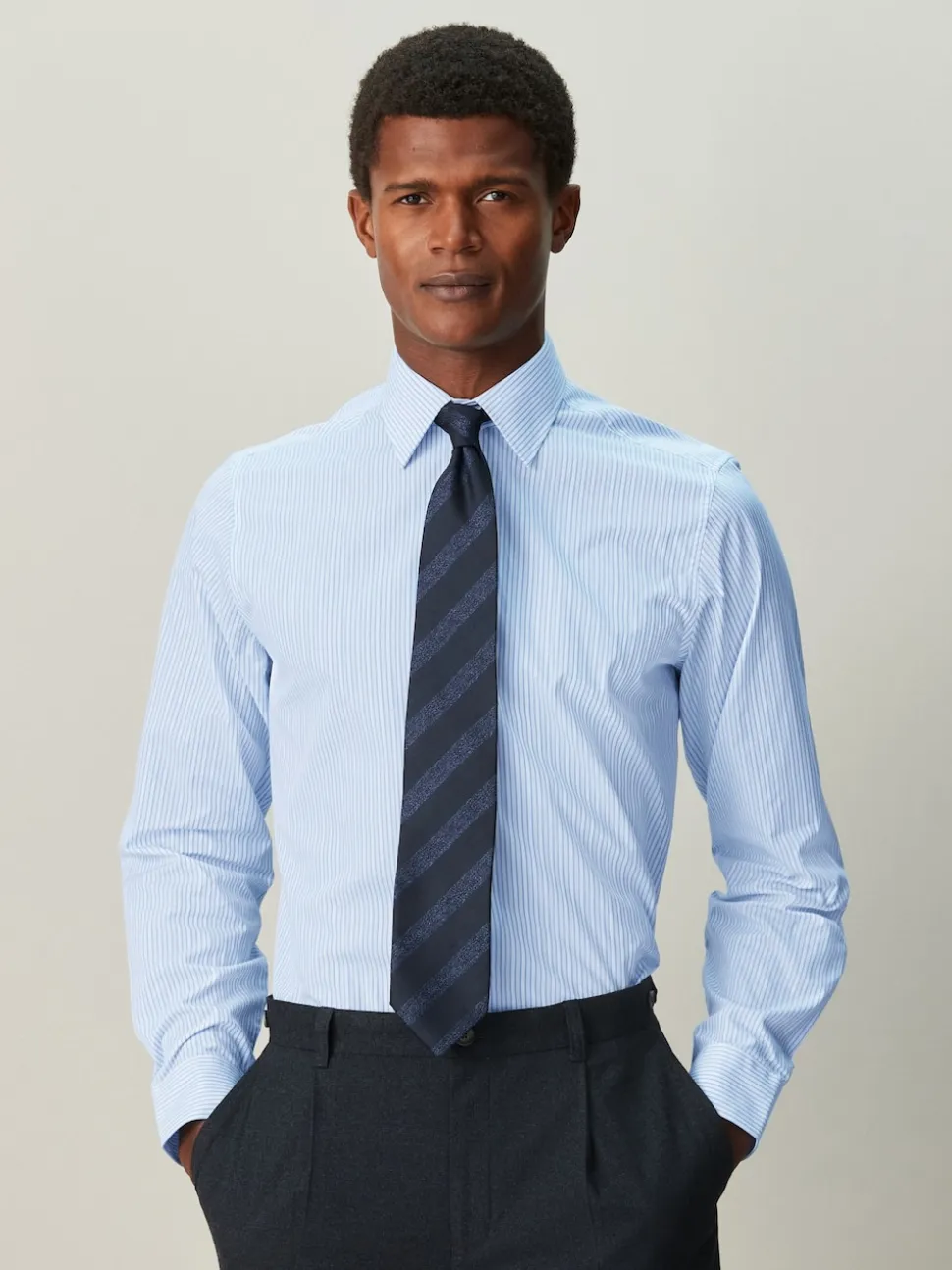 White/Blue Stripe Regular Fit Cotton Rich Long Sleeve Formal Shirt