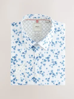 White/Blue Watercolour Ditsy Floral Slim Fit 100% Cotton Long Sleeve Single Cuff Printed Formal Shirt