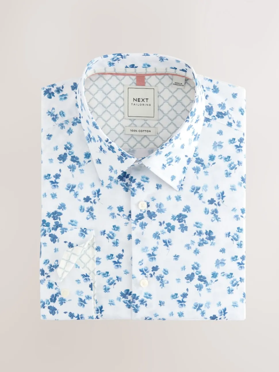 White/Blue Watercolour Ditsy Floral Slim Fit 100% Cotton Long Sleeve Single Cuff Printed Formal Shirt