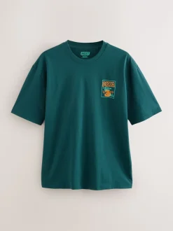 White/Green/Brown Relaxed Fit Graphic Print Heavyweight T-Shirt