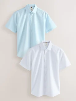 White/Light Blue Regular Fit Cotton Blend Short Sleeve Shirts 2 Pack