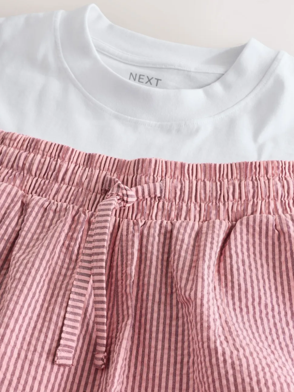 White/Red T-Shirt And Striped Seersucker 100% Cotton Pyjamas Set