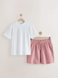 White/Red T-Shirt And Striped Seersucker 100% Cotton Pyjamas Set